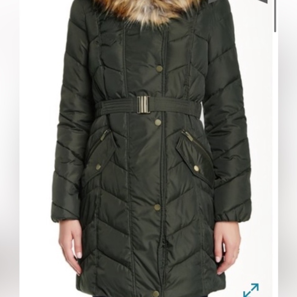 Rachel Roy Faux Fur Trimmed Hoodie Puffer Jacket! Dark Green Size Medium!